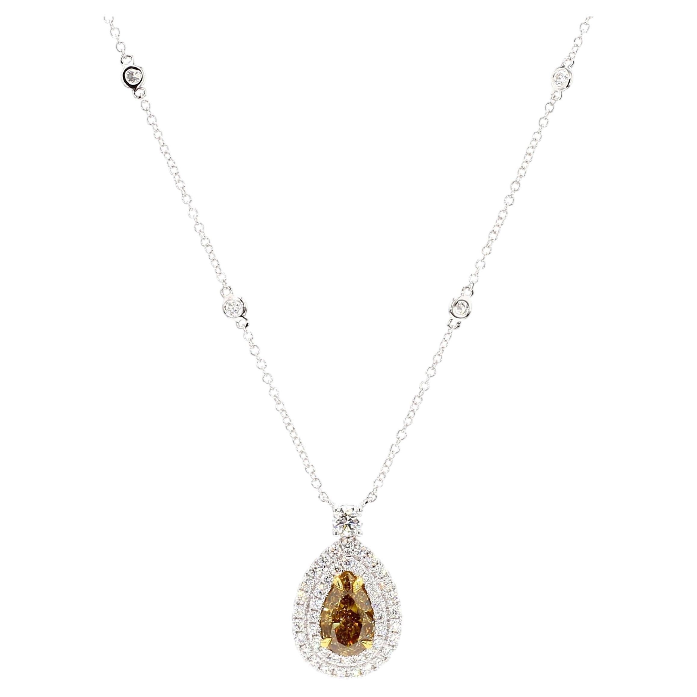 GIA Natural Fancy Deep Brownish Yellow Pear Diamond 3.27 Carat TW Gold Necklace For Sale