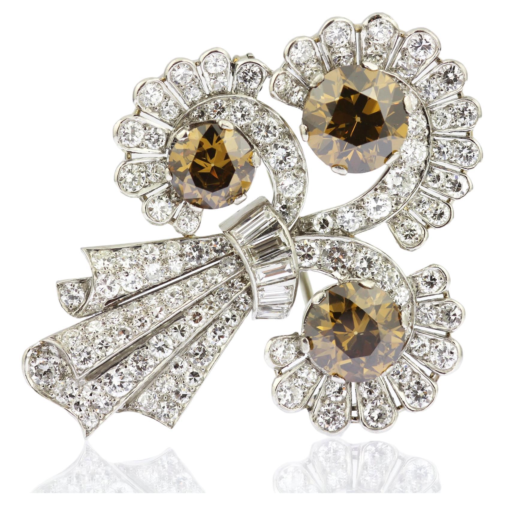 GIA Natural Fancy Deep Yellow Brown and White Diamond Antique Decorative Brooch For Sale