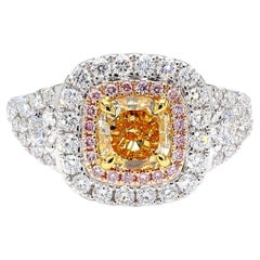GIA Natural Fancy Intense Orangy Yellow Cushion Diamond 1.92 Carat TW Gold Ring