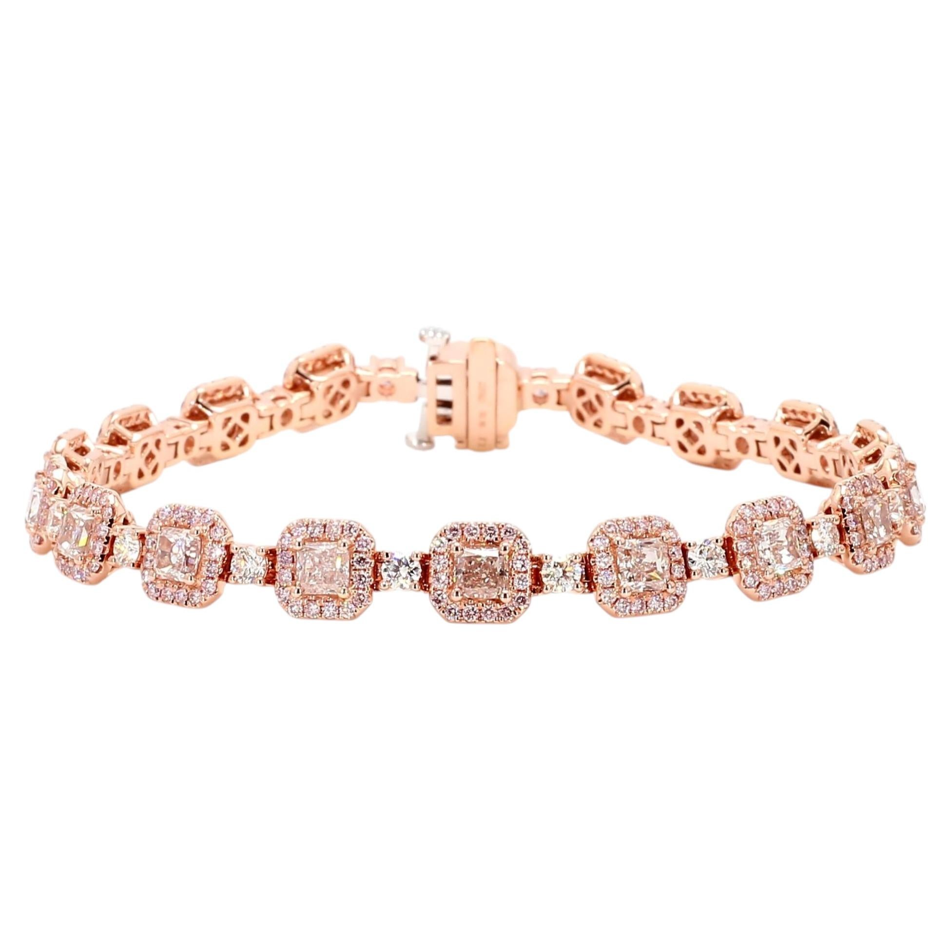 GIA Natural Fancy Light Brown-Pink Cushion Diamond 8.89 Carat TW Gold Bracelet
