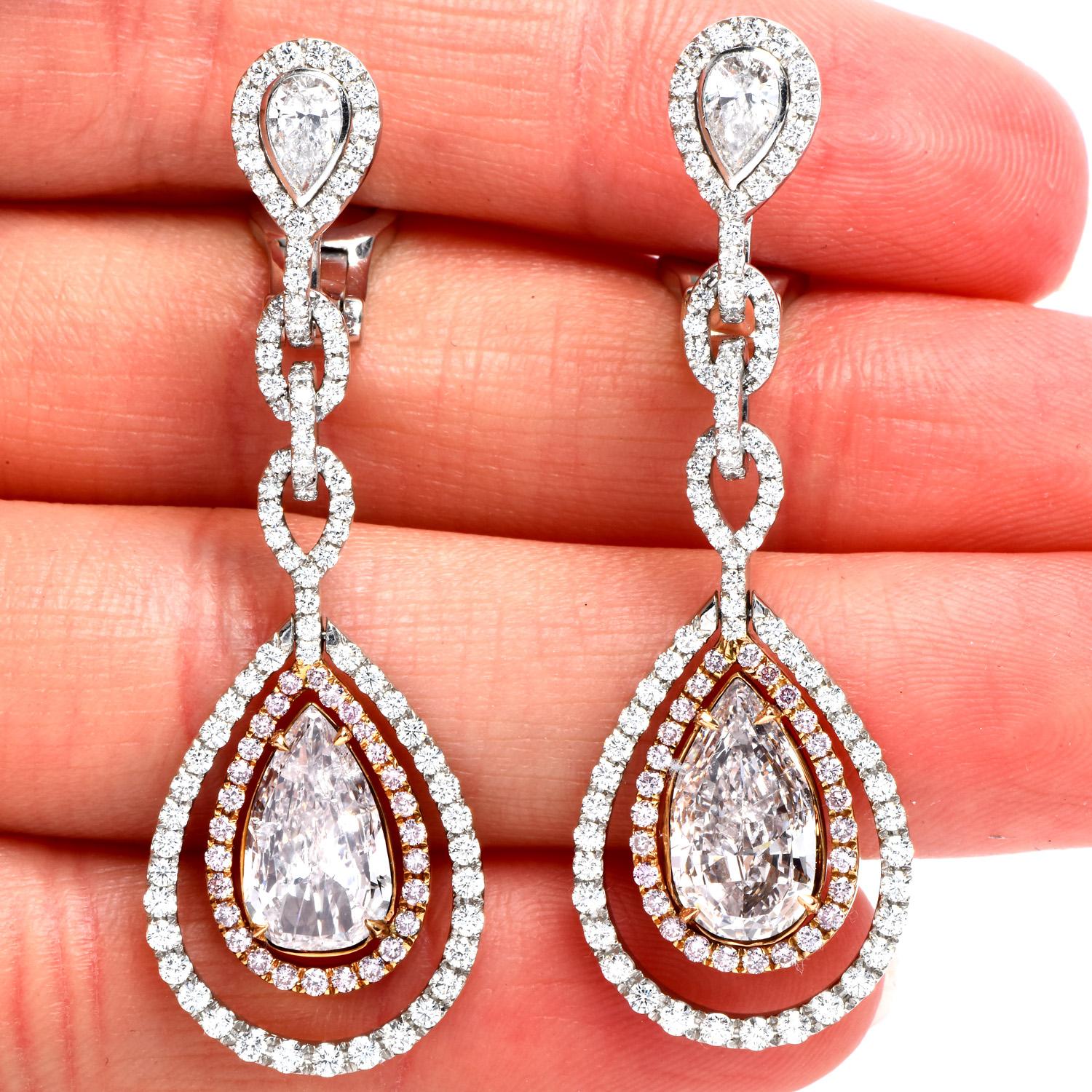 Pear Cut GIA Natural Fancy Light Pink Diamond Platinum Gold Dangle Earrings For Sale
