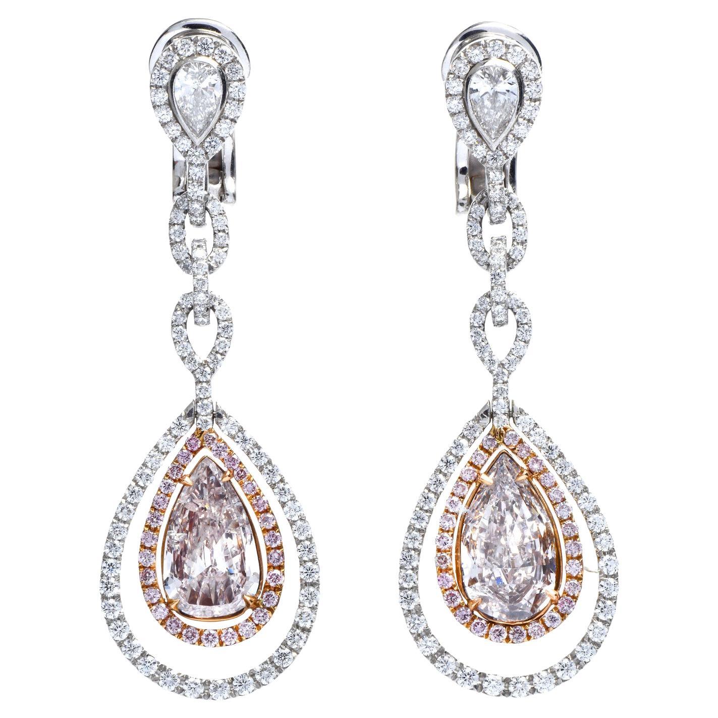 GIA Natural Fancy Light Pink Diamond Platinum Gold Dangle Earrings