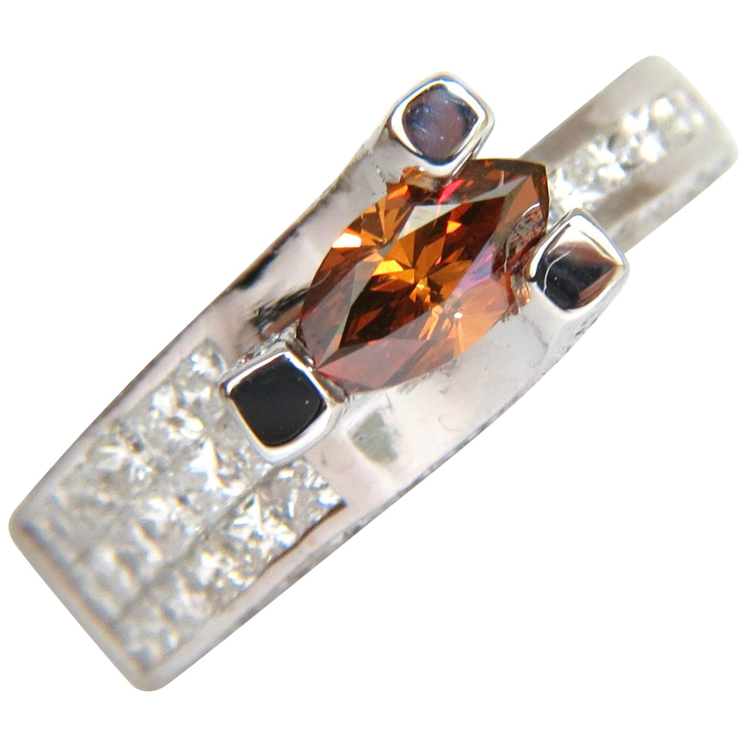 Bague à effet flottant en or 14 carats avec diamants de 2,05 carats de couleur naturelle orange-marron fantaisie certifiés GIA