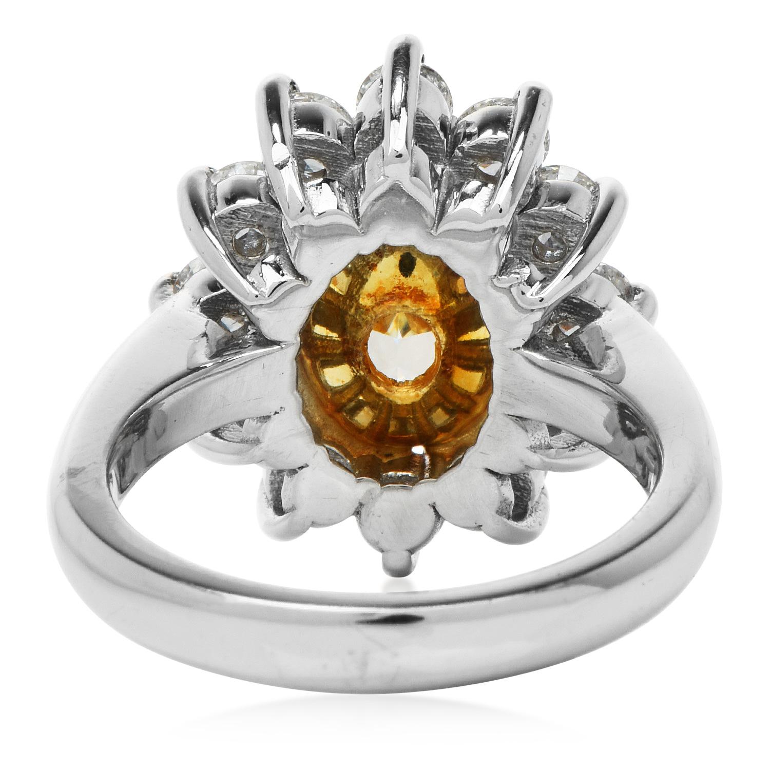 GIA Natural Fancy Yellow Diamond Platinum 18K Gold Flower Cocktail Ri For Sale 1