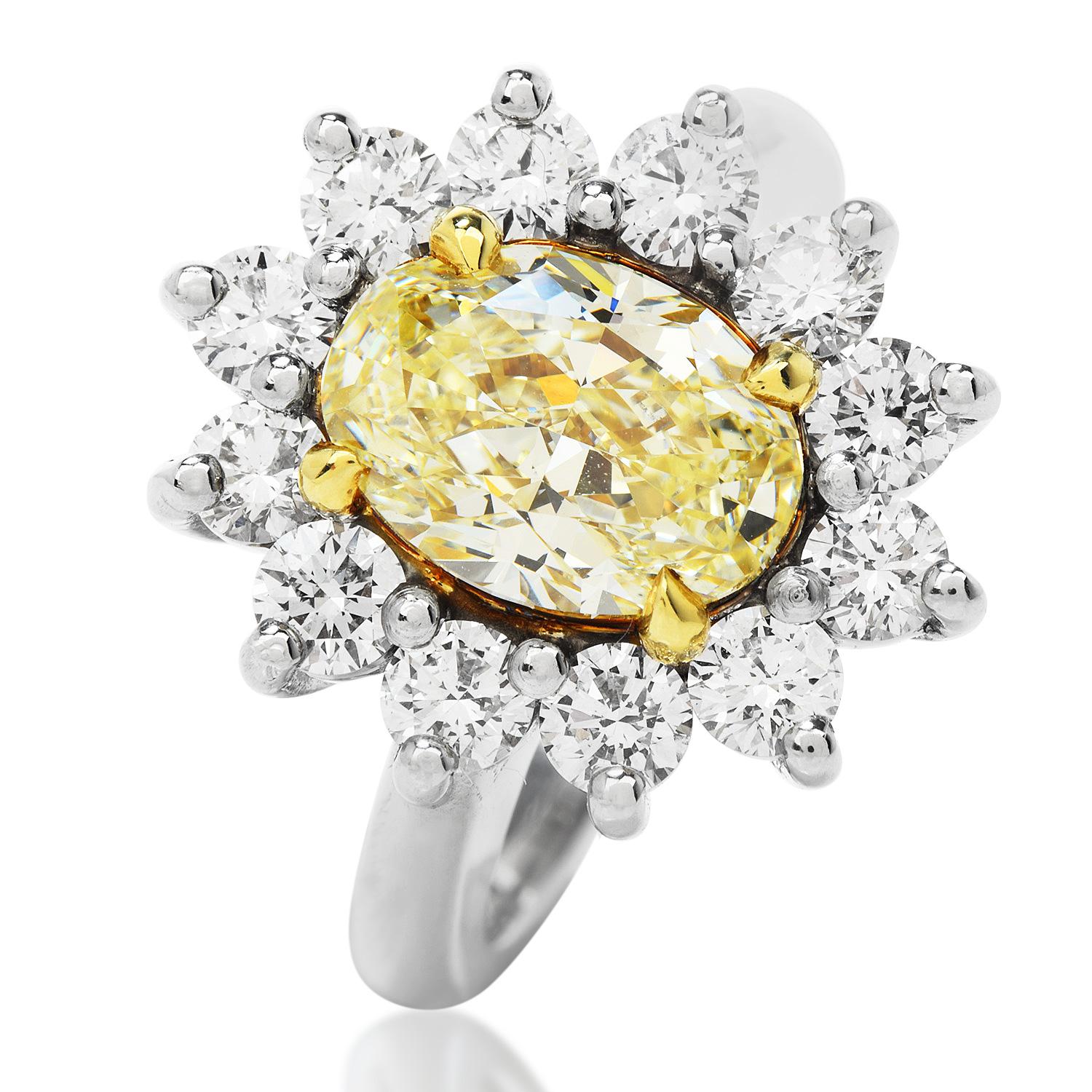 GIA Natural Fancy Yellow Diamond Platinum 18K Gold Flower Cocktail Ri For Sale 2