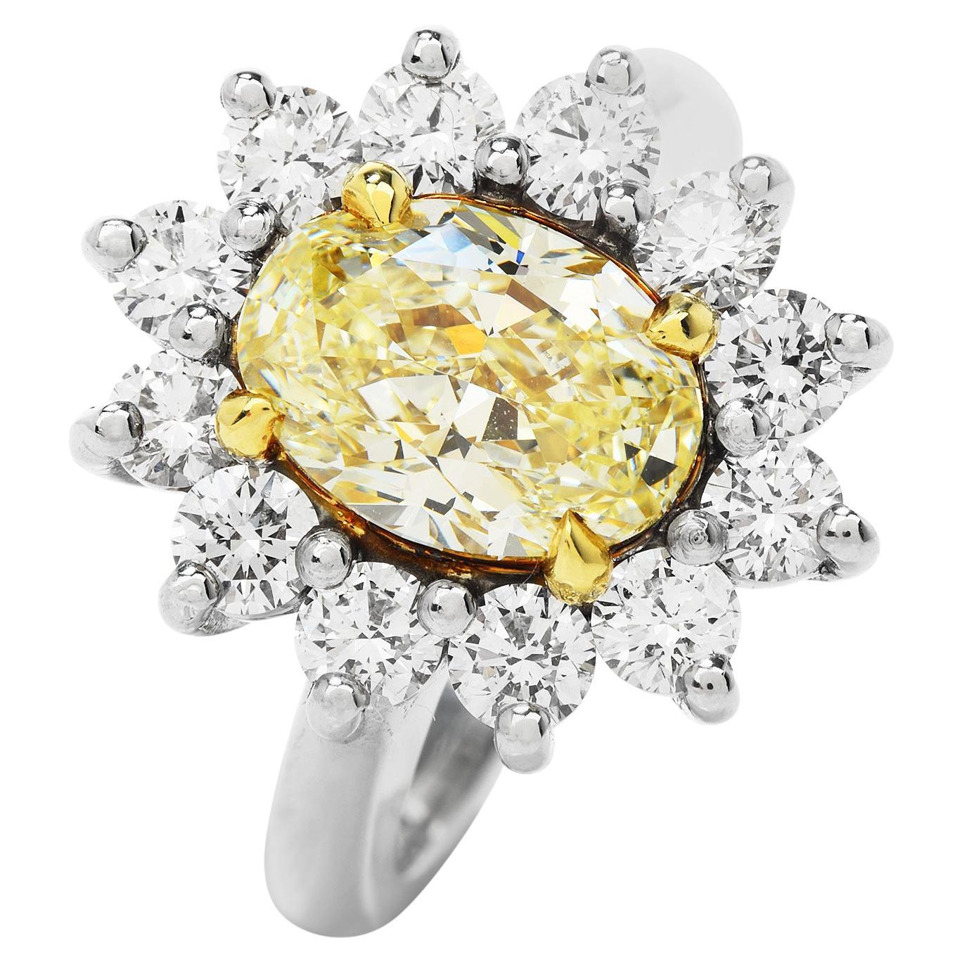 GIA Natural Fancy Yellow Diamond Platinum 18K Gold Flower Cocktail Ri For Sale
