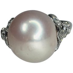 GIA Natural Freshwater Pearl and Diamond Ring, Art Deco, 1910s