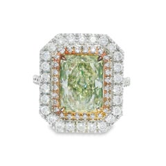 GIA Natural Green 4.15 Carat Radiant Diamond 18-Karat Double Halo Ring In Stock
