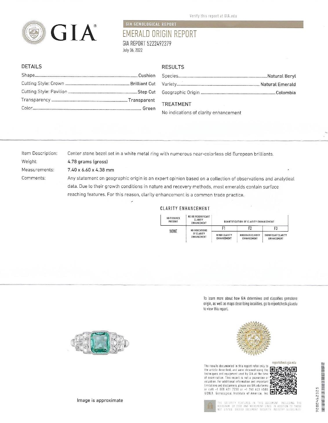 GIA Natural Green Columbian Emerald Cushion & Diamond Platinum Ring Mint 1930s 5