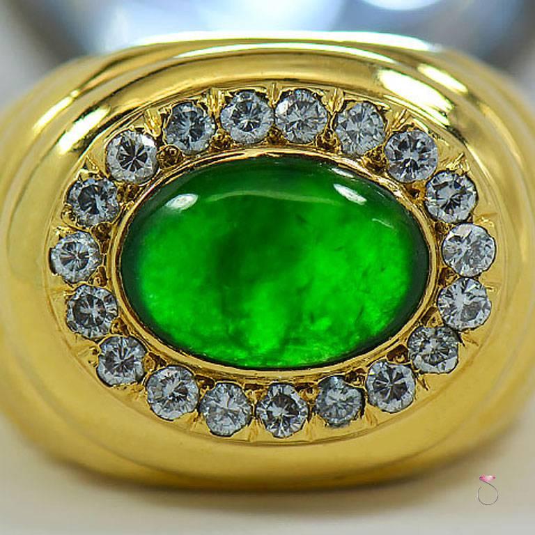 GIA Natural Green Jadeite Jade and Diamond Ring, 18 Karat Yellow Gold For Sale 2