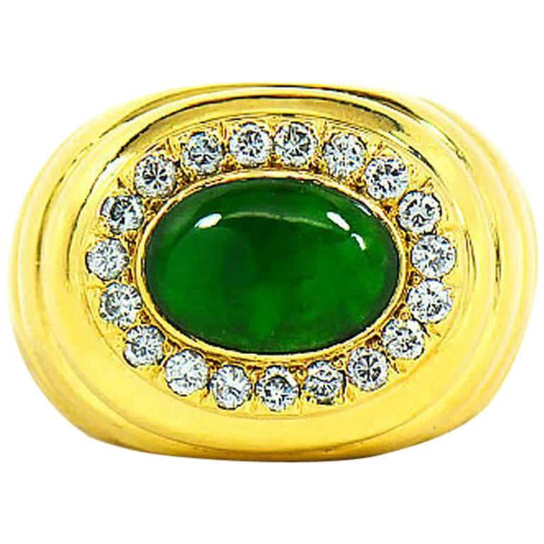 GIA Natural Green Jadeite Jade and Diamond Ring, 18 Karat Yellow Gold For Sale