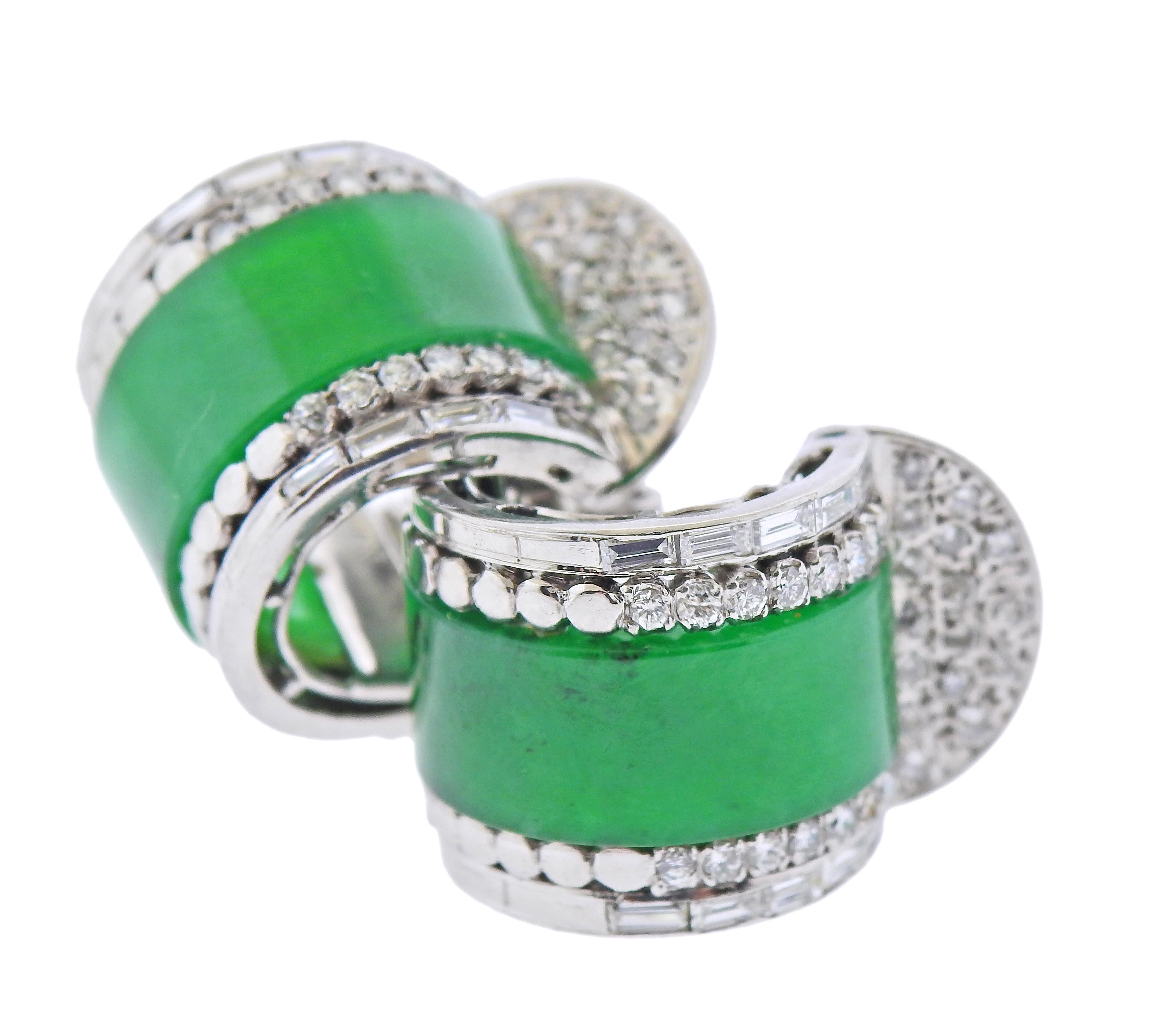 Pair of 14k white gold hoop earrings with GIA natural jadeite jades. Earrings are 18mm in diameter x 15mm wide. Diamonds approx. 1.10ctw in diamonds. Marked 14k. Weight - 21.5 grams.