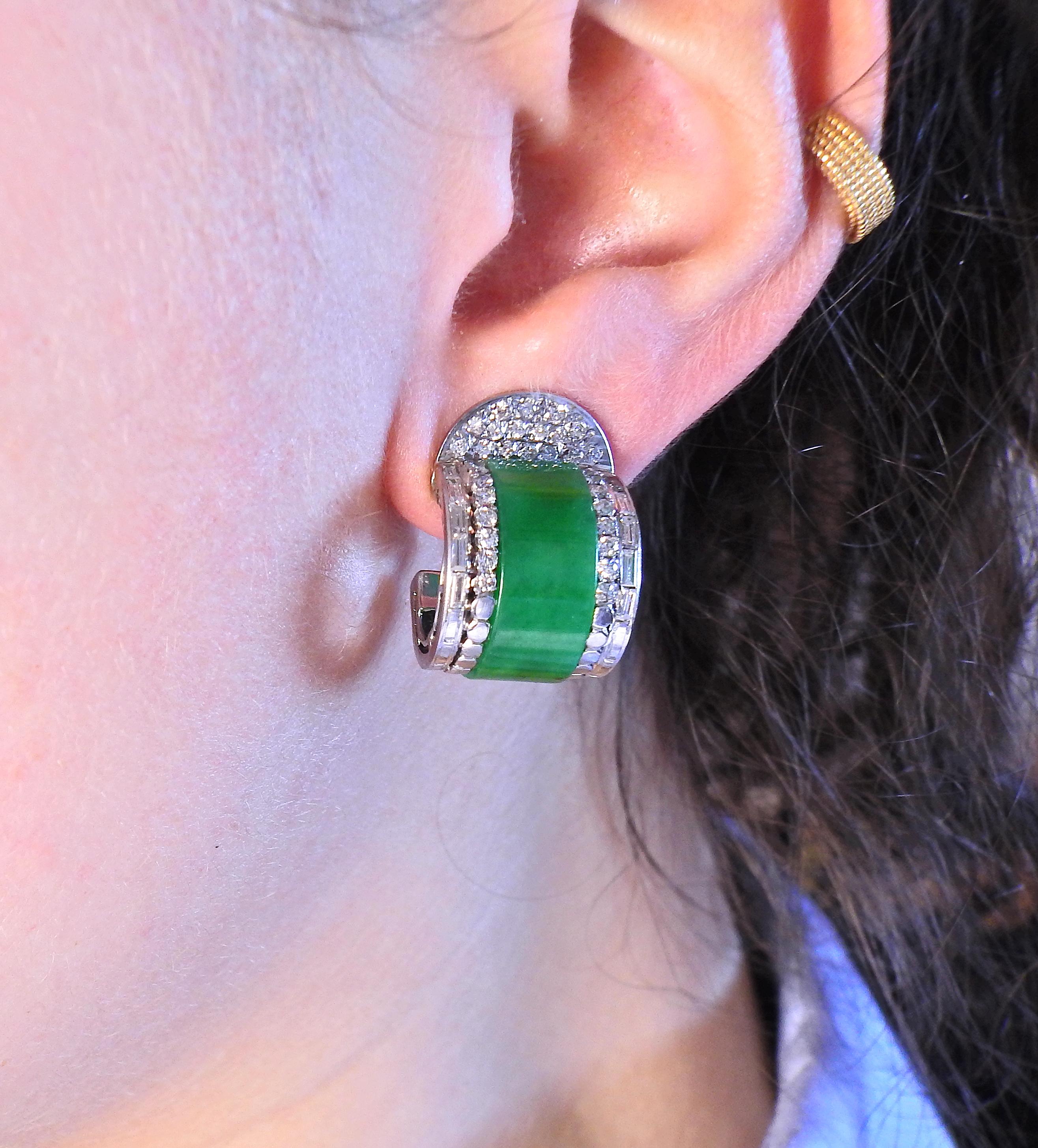Round Cut GIA Natural Jadeite Jade Diamond Gold Hoop Earrings For Sale