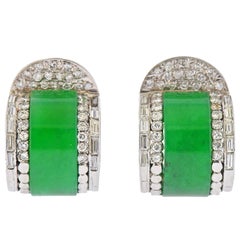 Vintage GIA Natural Jadeite Jade Diamond Gold Hoop Earrings