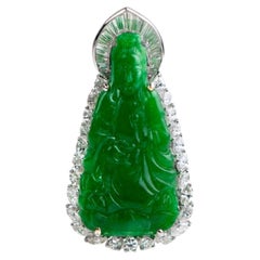 GIA Natural Jadeite Jade Guanyin Diamond Pendant Necklace, 18K White Gold