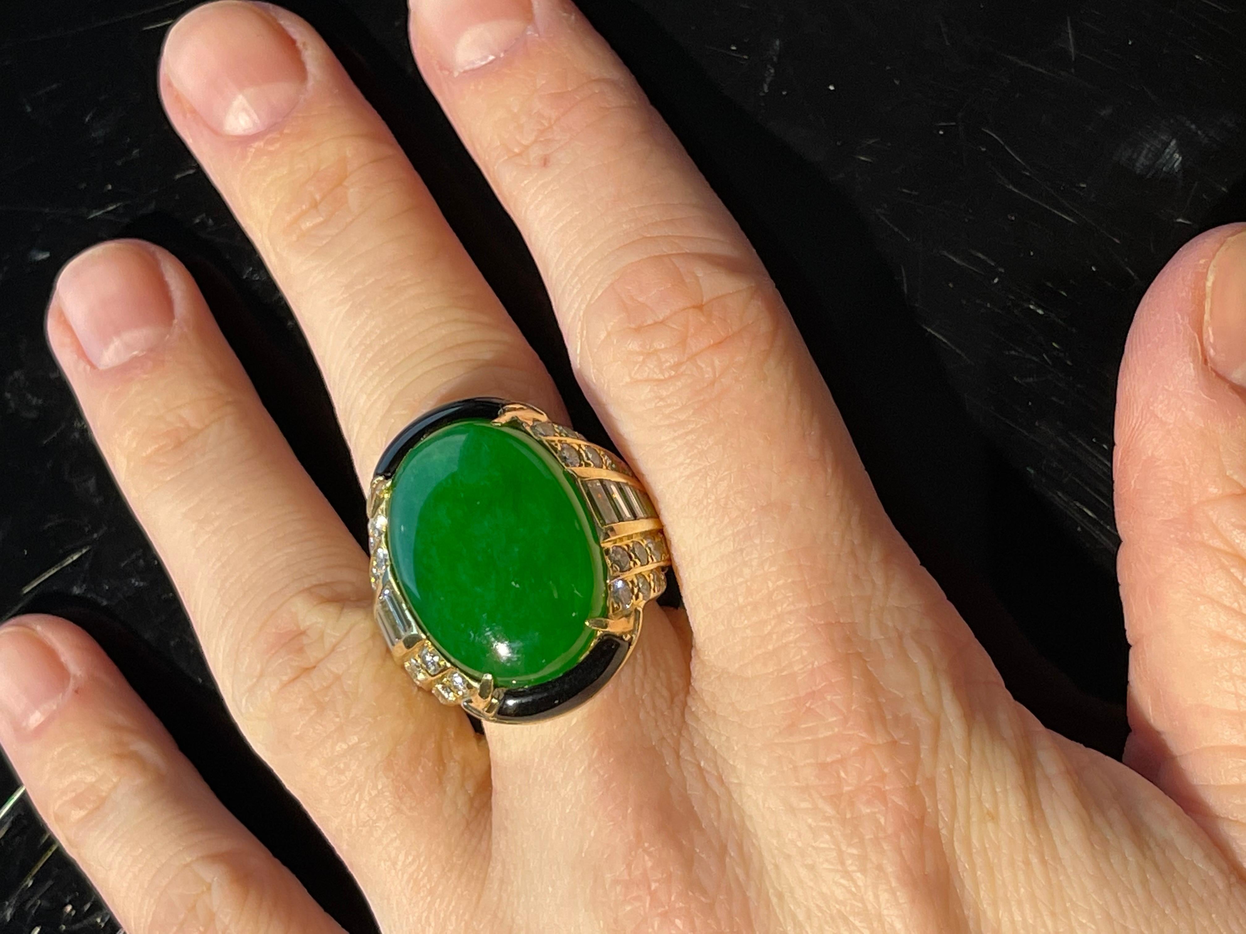 GIA Natural Jadeite Jade Onyx Diamond Gold Ring For Sale 1