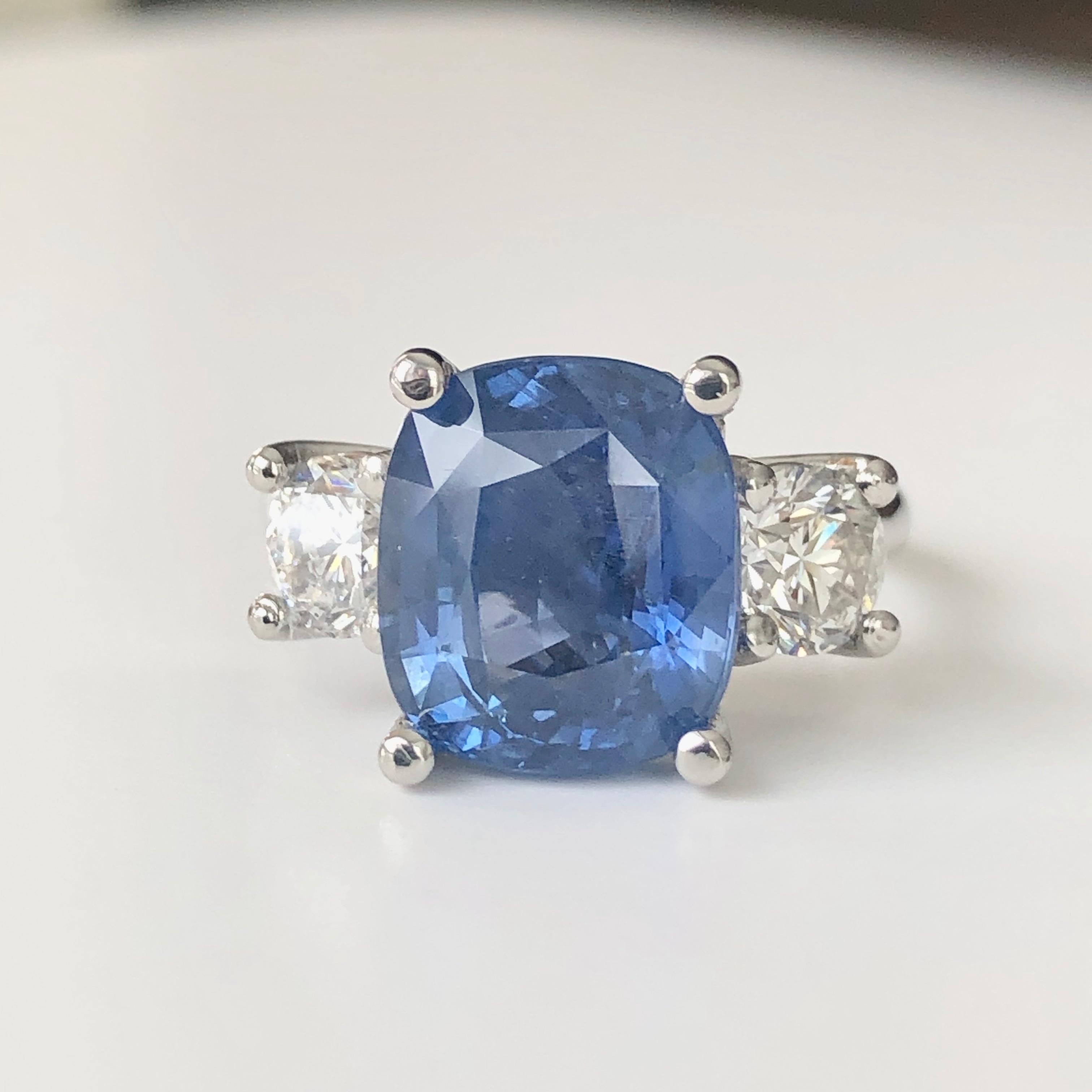 Art Deco GIA Natural No Heat Ceylon Sapphire and Diamond Engagement Platinum Ring For Sale