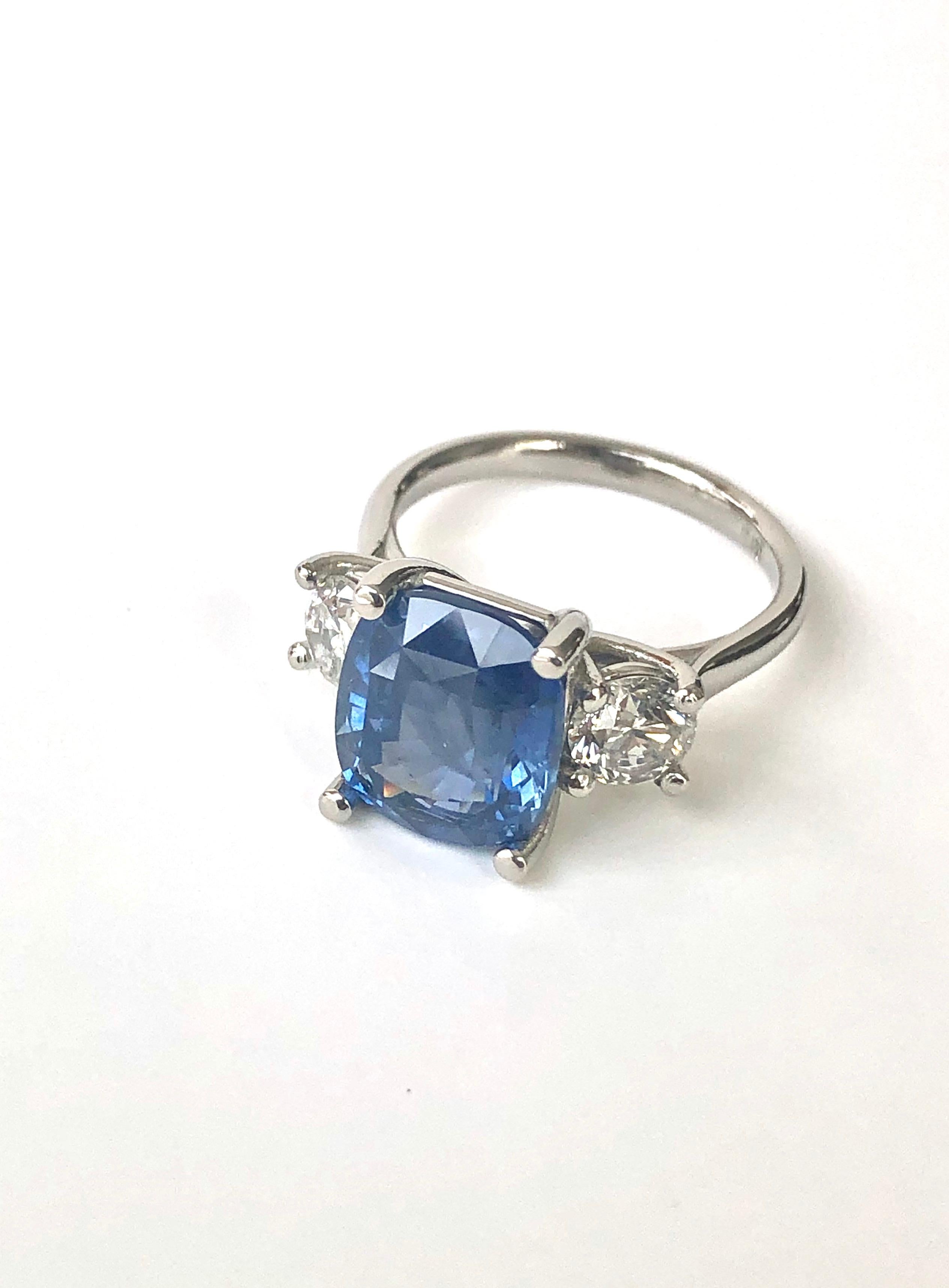 Cushion Cut GIA Natural No Heat Ceylon Sapphire and Diamond Engagement Platinum Ring For Sale