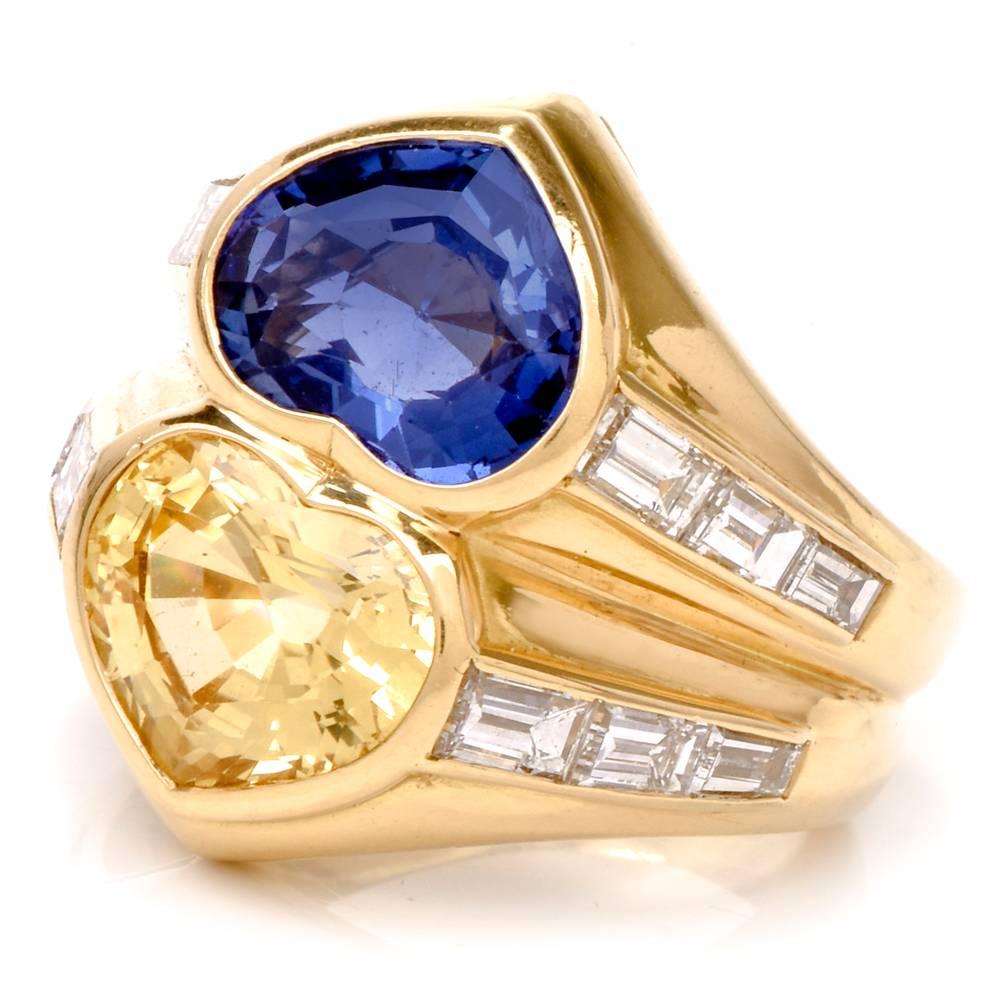 This late 1980's Bvlgari Diamond Sapphire ring in crafted in solid 18K yellow gold. It Set with two Natural no heat heart shape genuine Natural yellow and blue sapphires ( unlike to allmost to all sapphire these sapphire has no treatments ), bezel