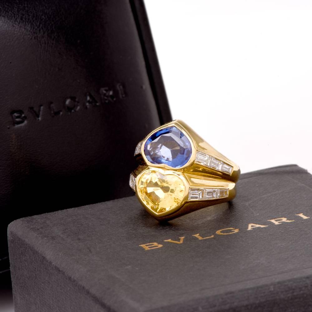 GIA Natural No Heat Heart Shape Sapphires and Diamond Gold Ring, Bulgari 1