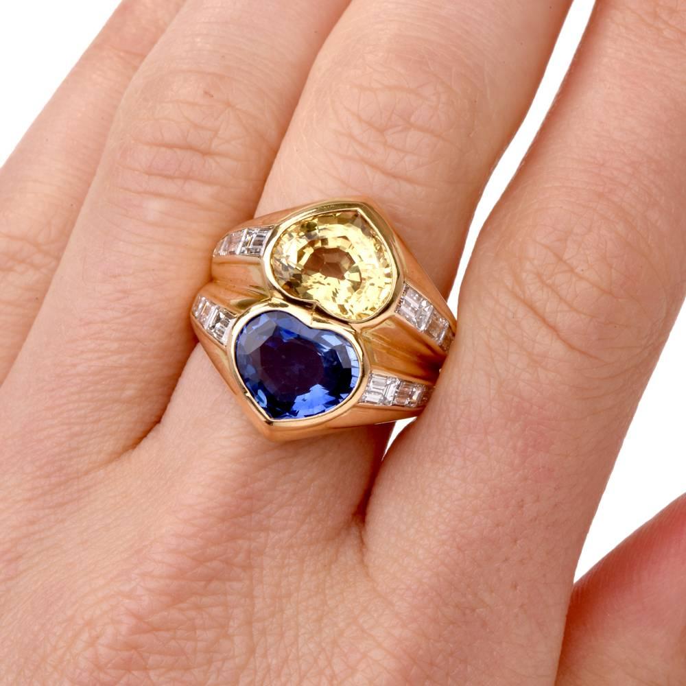 GIA Natural No Heat Heart Shape Sapphires and Diamond Gold Ring, Bulgari 5