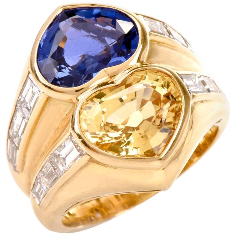 GIA Natural No Heat Heart Shape Sapphires and Diamond Gold Ring, Bulgari