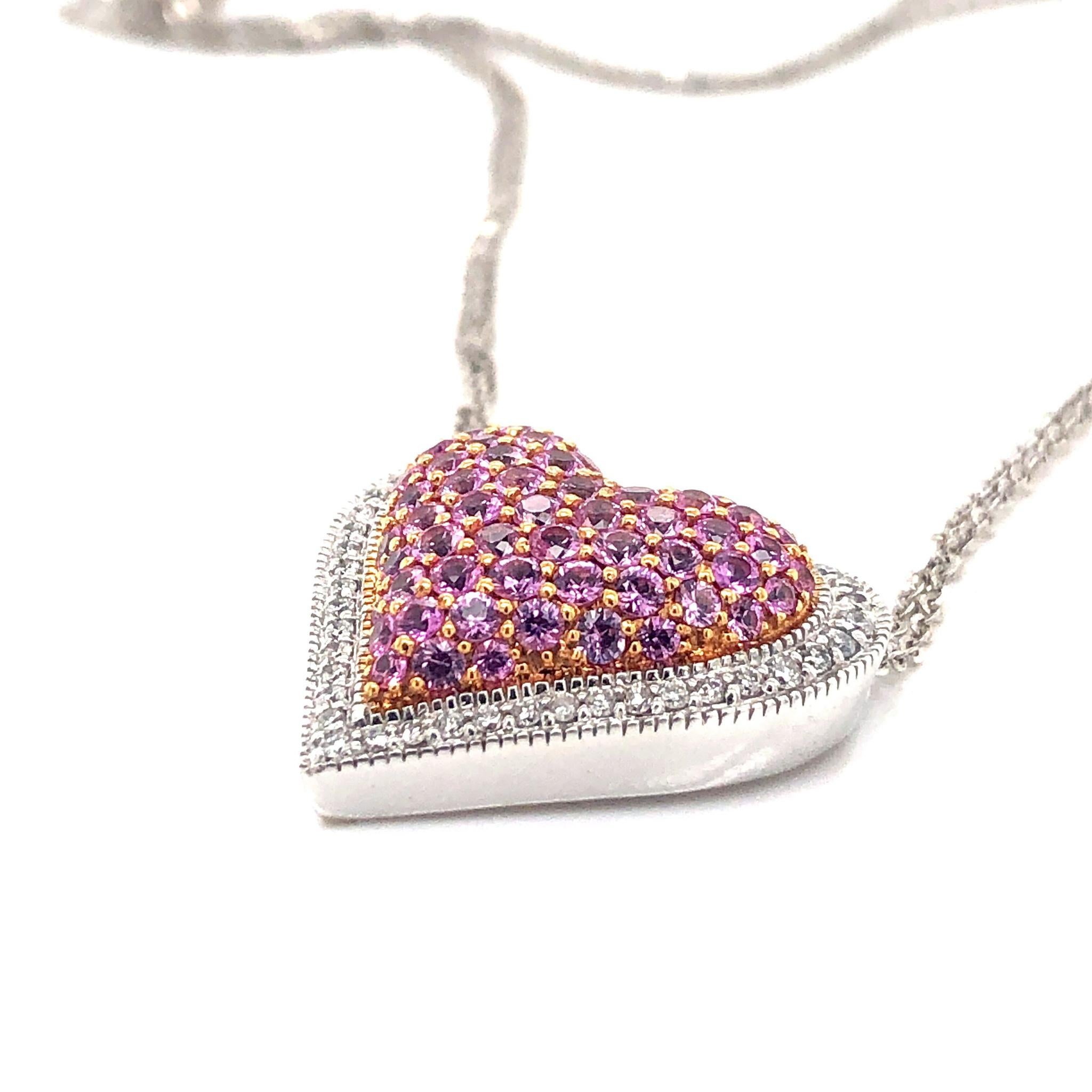 Round Cut GIA Natural No Heat Pink Sapphire and Diamond Heart Necklace 18 Karat Gold