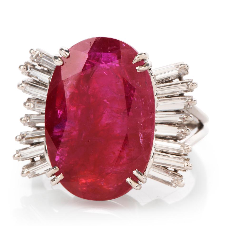 Art Deco GIA Natural No Heat Ruby Diamond Platinum Cocktail Ring For Sale