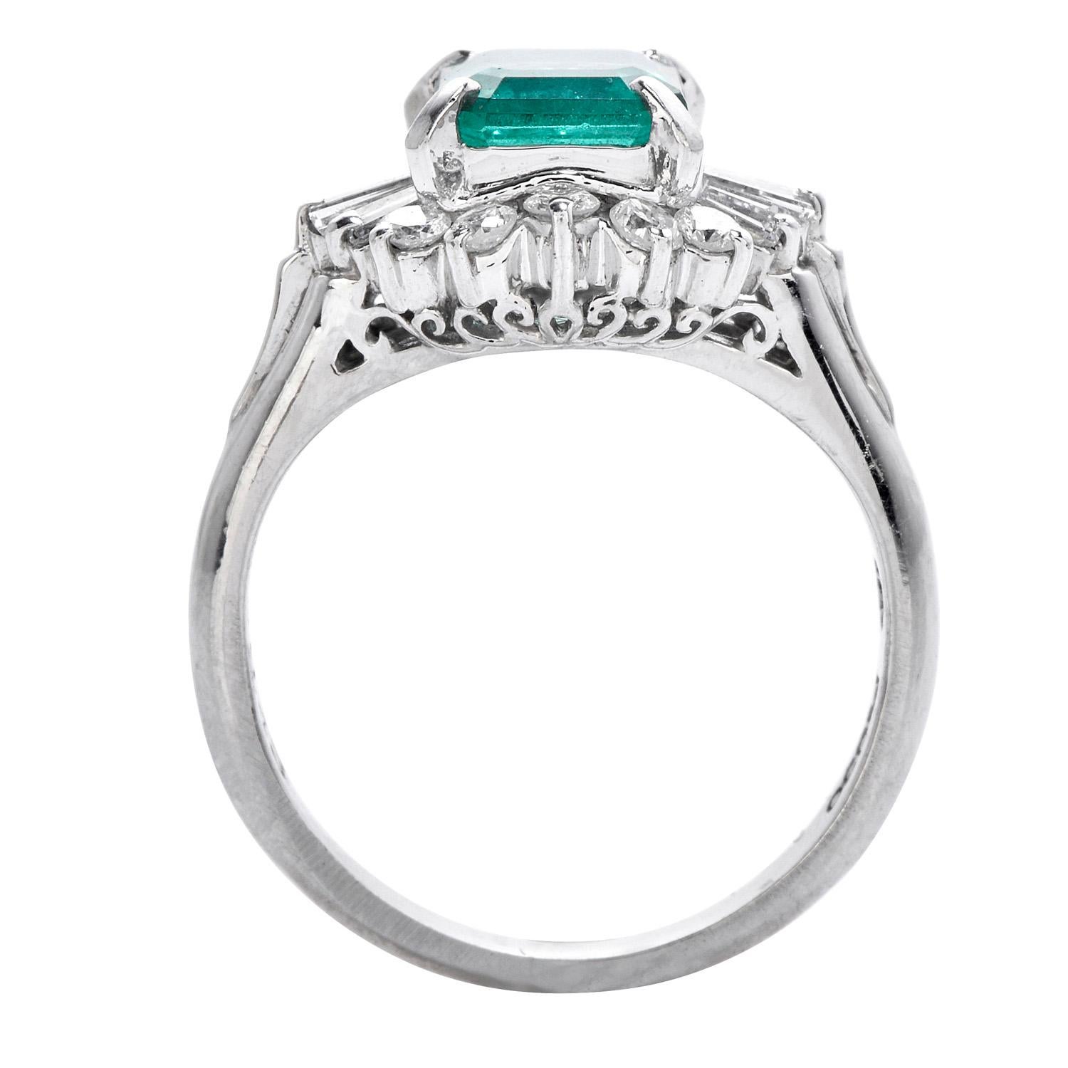 Exuding femineity and grace this exquisite, transparent Natural Beryl Emerald has no treatments un-like some emeralds and is set in solid platinum, weighing approx. 0.97-carat weight. 

Subtly surrounded by Genuine Diamonds, the 10 round brilliant