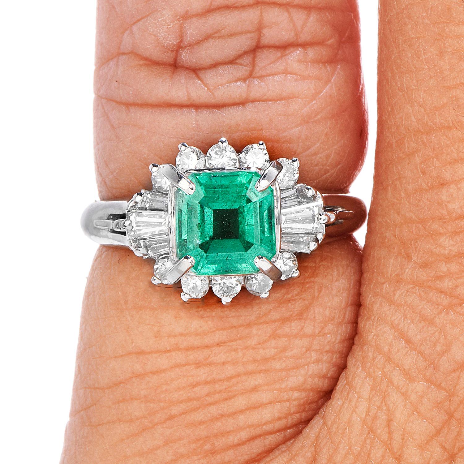 Romantic GIA Natural No Oil Emerald Diamond Platinum Ballerina Ring