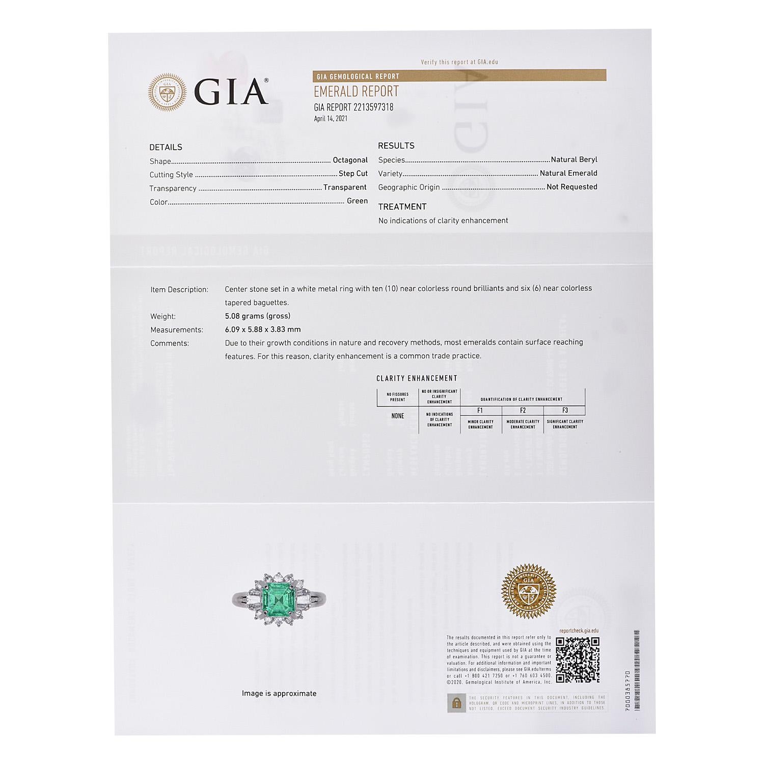 Emerald Cut GIA Natural No Oil Emerald Diamond Platinum Ballerina Ring