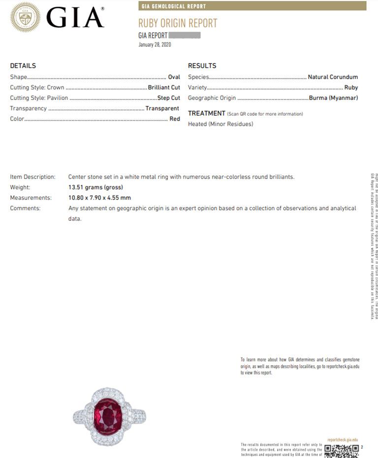 Oval Cut GIA Natural Oval Burma Ruby 3.40 Carat in Platinum Pave Diamond Setting