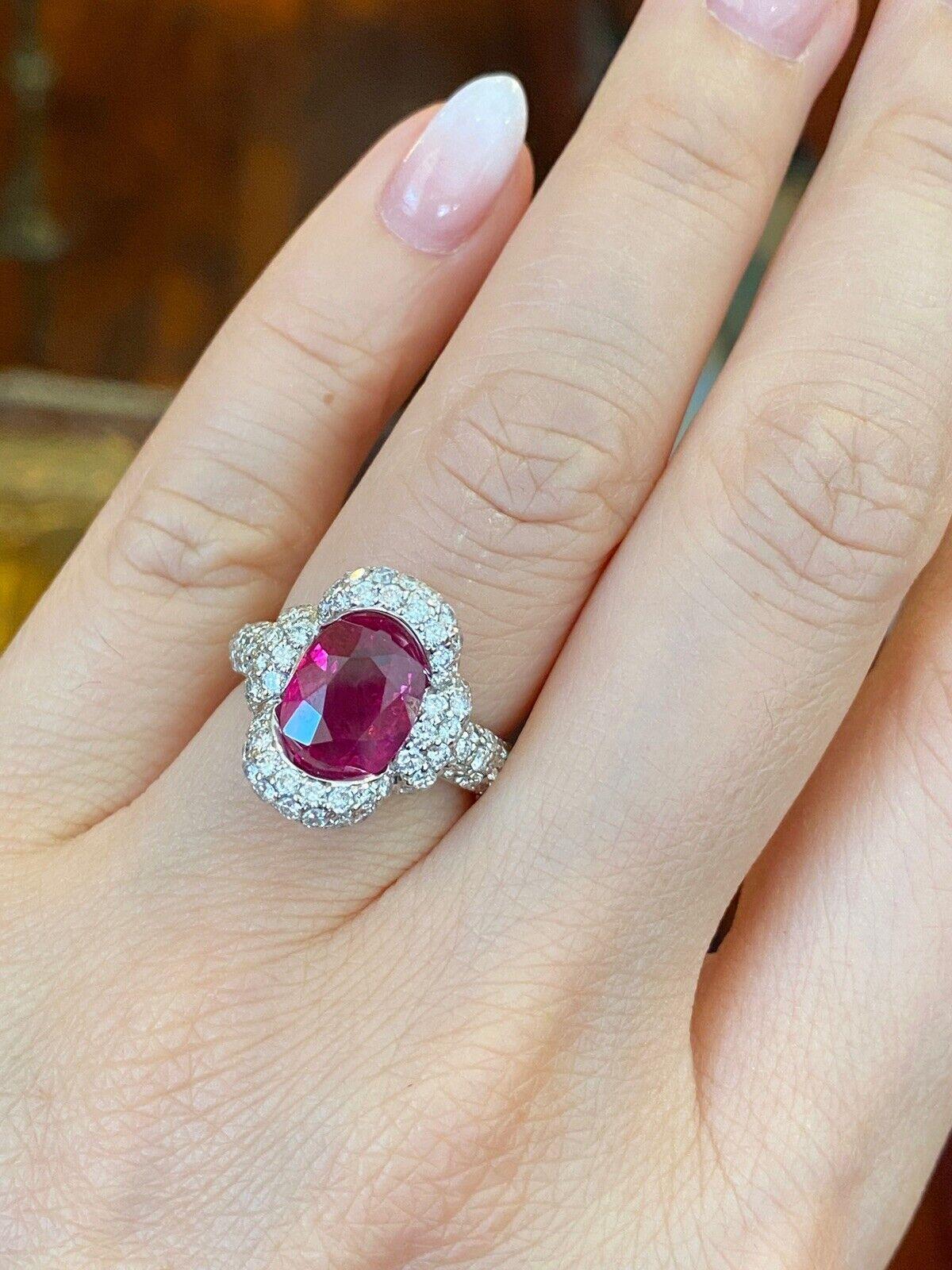 GIA Natural Oval Burma Ruby 3.40 Carat in Platinum Pave Diamond Setting 2