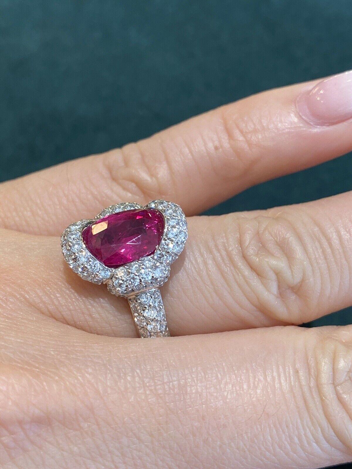 GIA Natural Oval Burma Ruby 3.40 Carat in Platinum Pave Diamond Setting 3