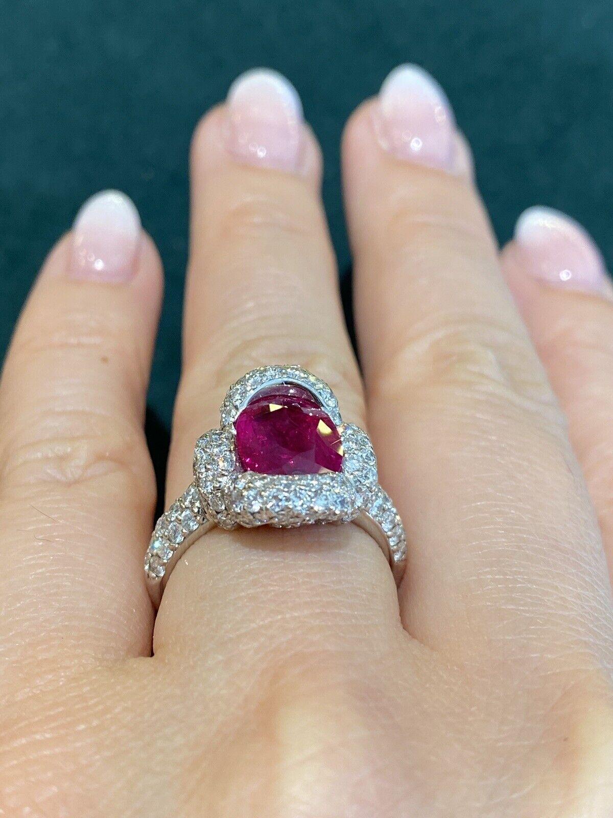 GIA Natural Oval Burma Ruby 3.40 Carat in Platinum Pave Diamond Setting 4
