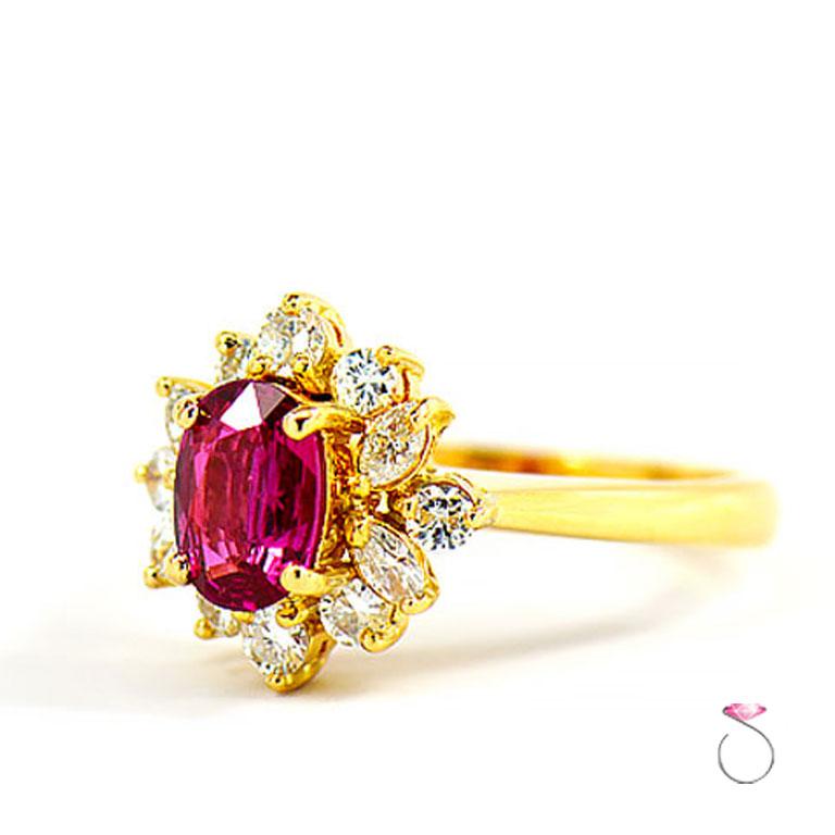 Modern GIA Natural Oval Burma Ruby & Diamond Halo Ring in 18k Yellow Gold For Sale