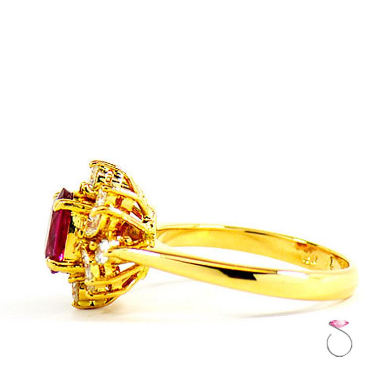 GIA Natural Oval Burma Ruby & Diamond Halo Ring in 18k Yellow Gold For Sale 1