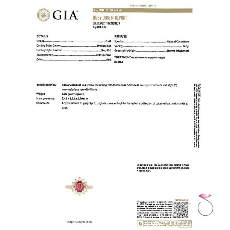 GIA natürlicher ovaler Burma-Rubin- und Diamant-Halo-Ring aus 18 Karat Gelbgold im Angebot 2
