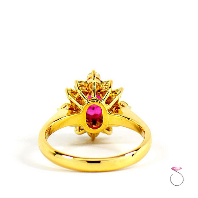 Women's GIA Natural Oval Burma Ruby & Diamond Halo Ring in 18k Yellow Gold For Sale