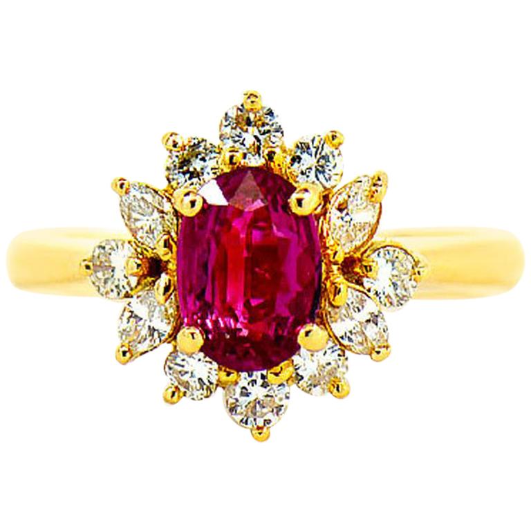 GIA Natural Oval Burma Ruby & Diamond Halo Ring in 18k Yellow Gold For Sale