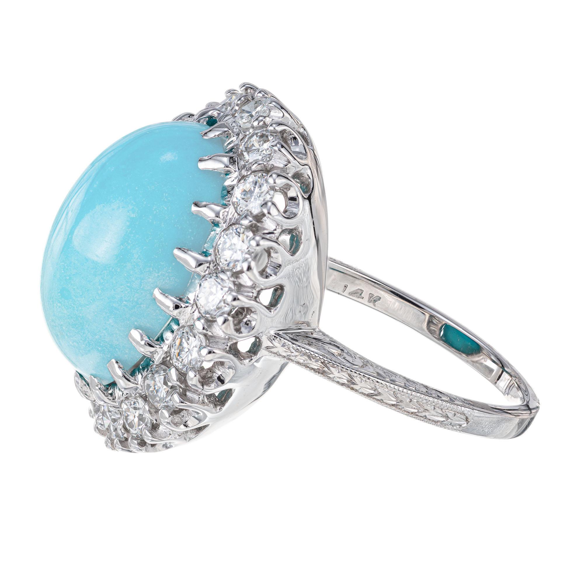 Oval Cut GIA Natural Persian Turquoise Diamond Halo 1950s White Gold Cocktail Ring