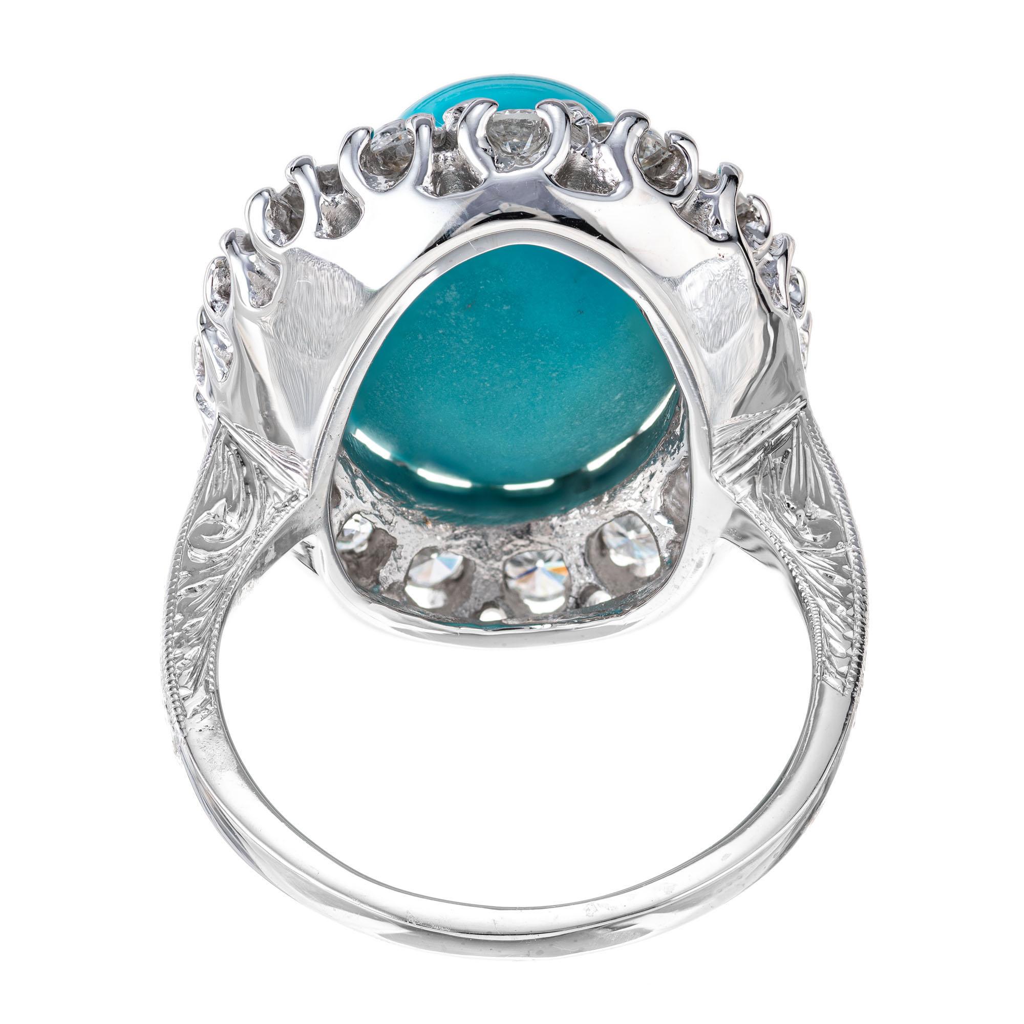 GIA Natural Persian Turquoise Diamond Halo 1950s White Gold Cocktail Ring In Good Condition In Stamford, CT