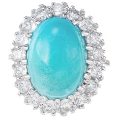 GIA Natural Persian Turquoise Diamond Halo 1950s White Gold Cocktail Ring