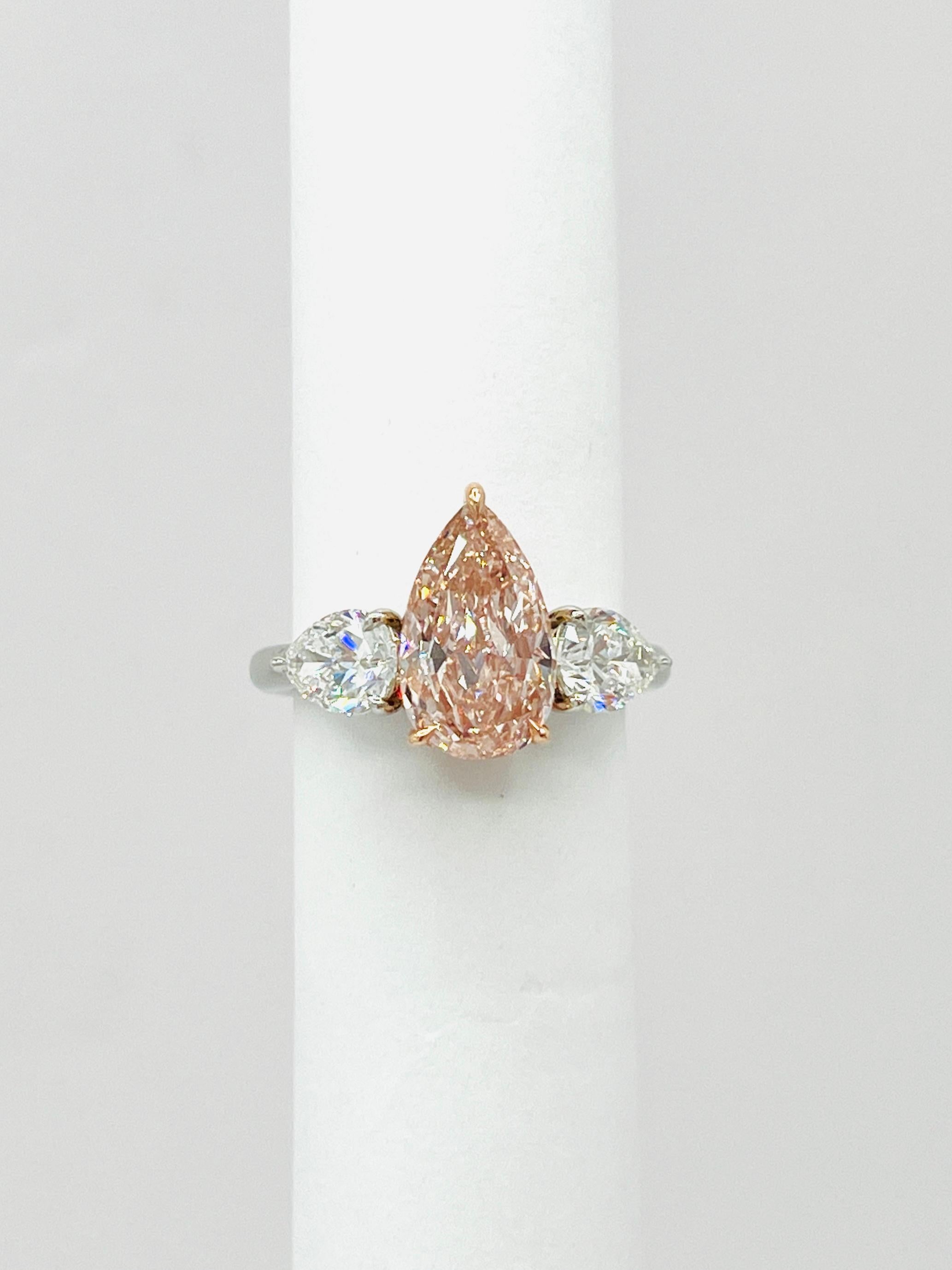 GIA Natural Pink and White Diamond Three Stone Ring in Platinum & 18K Rose Gold For Sale 1