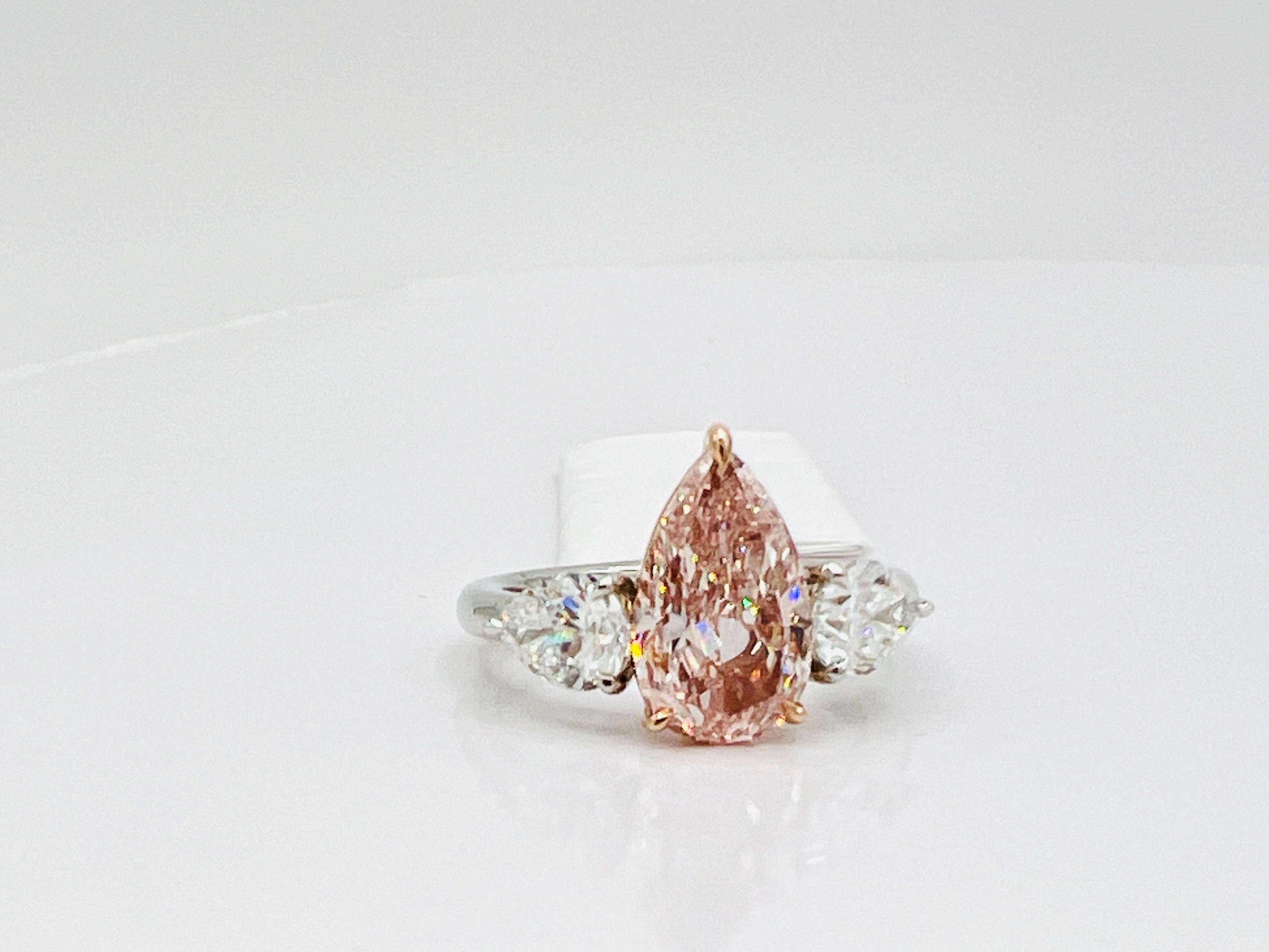 GIA Natural Pink and White Diamond Three Stone Ring in Platinum & 18K Rose Gold For Sale 4