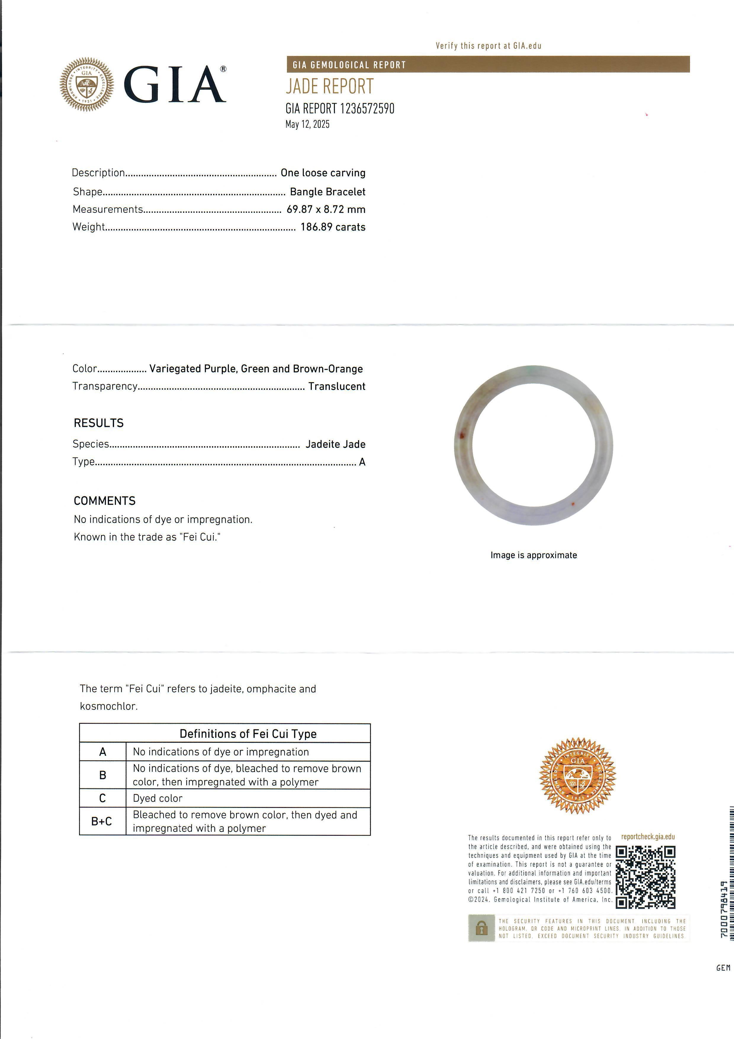 GIA Jadeíta natural verde púrpura marrón grado A Pulsera brazalete Slip On en venta 7