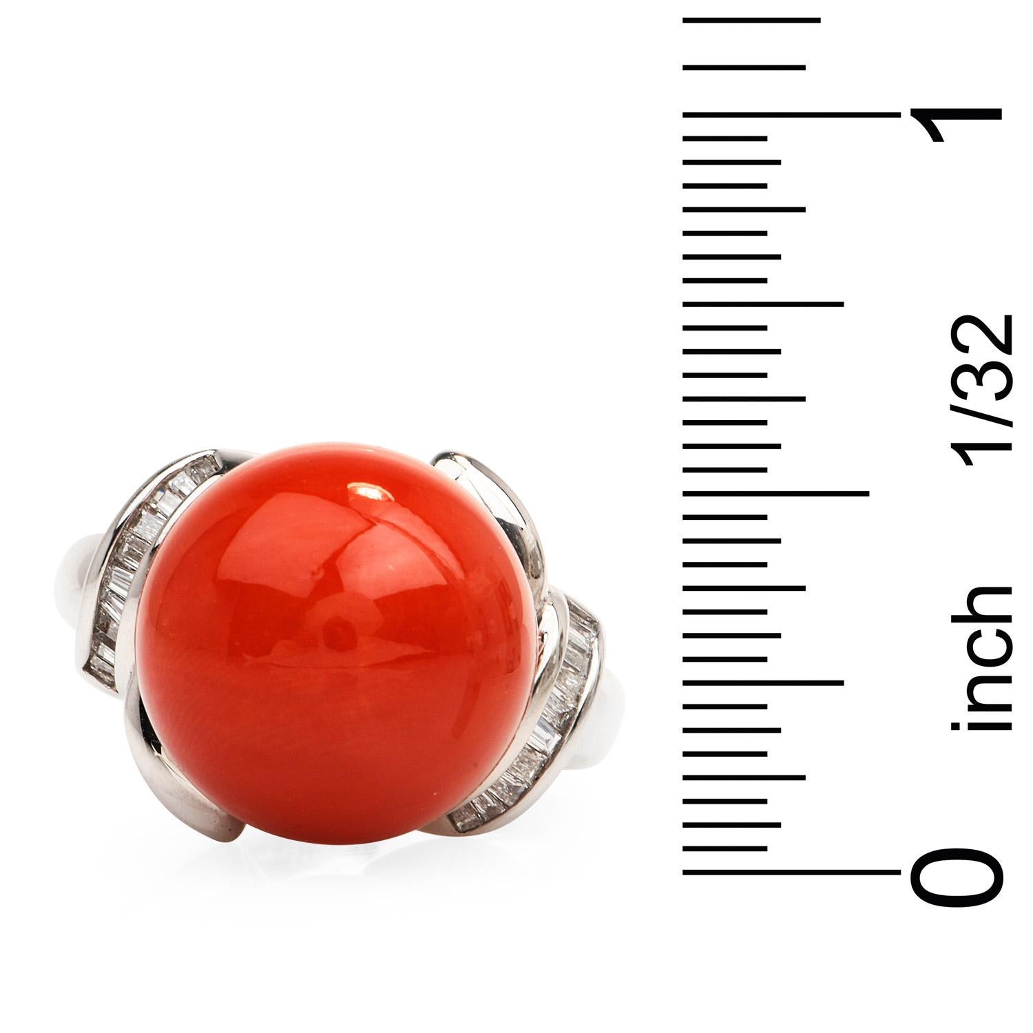 Retro GIA Natural Red Coral Bead Diamond Platinum Cocktail Ring