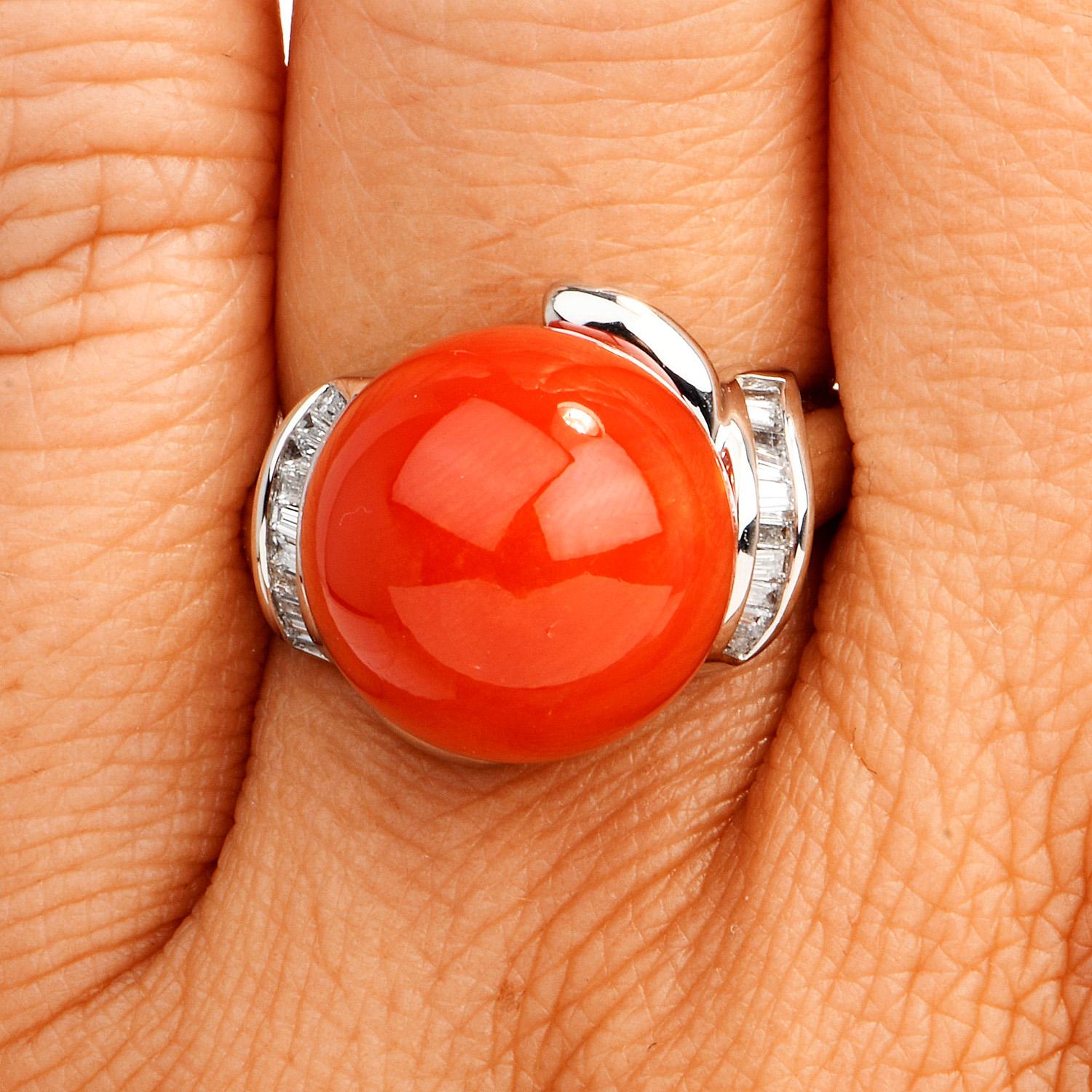 GIA Natural Red Coral Bead Diamond Platinum Cocktail Ring In Excellent Condition In Miami, FL