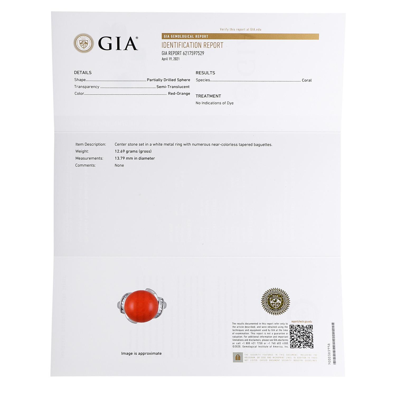 Women's GIA Natural Red Coral Bead Diamond Platinum Cocktail Ring