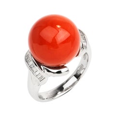 GIA Natural Red Coral Bead Diamond Platinum Cocktail Ring